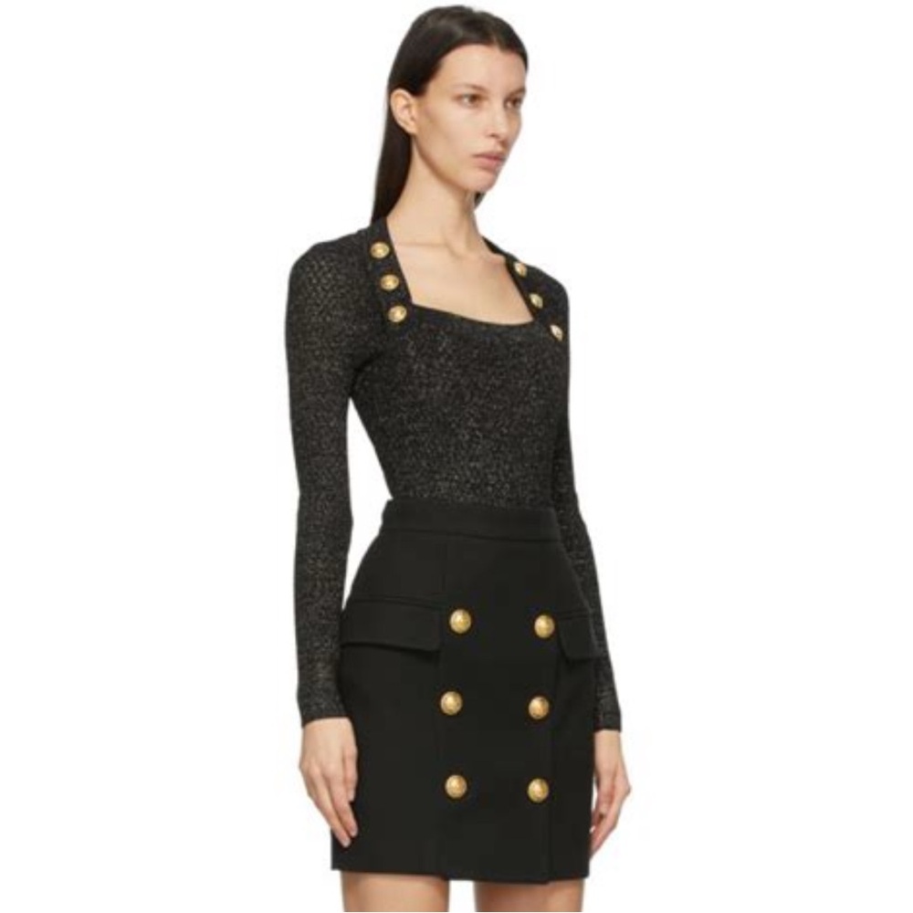 Balmain Black Lurex Buttoned Bodysuit